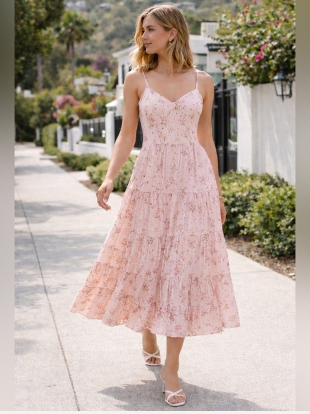 Trixxi Blush Pink Floral Tiered Midi Dress